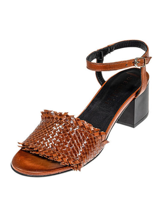 Dei Colli Leather Women's Sandals with Ankle Strap Tabac Brown with Chunky Medium Heel