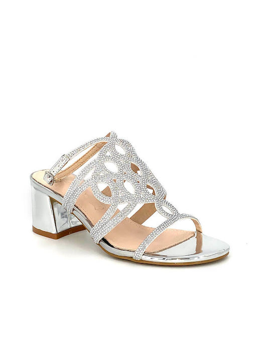 Azarey Leather Women's Sandals Silver with Chunky Medium Heel