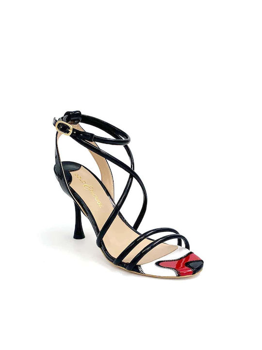 Gold&Rouge Leather Women's Sandals Black with Thin High Heel