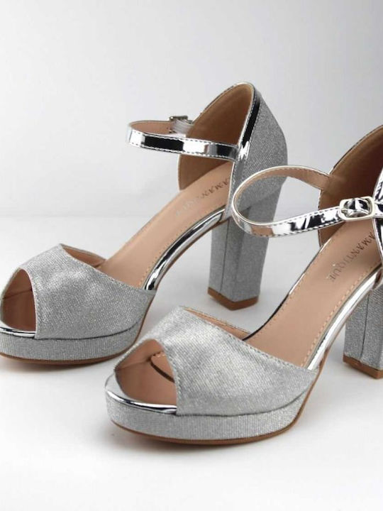 Diamantique Synthetic Leather Women's Sandals with Ankle Strap Silver with Chunky High Heel