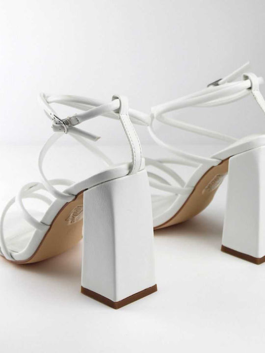 Diamantique Synthetic Leather Women's Sandals White with Chunky High Heel