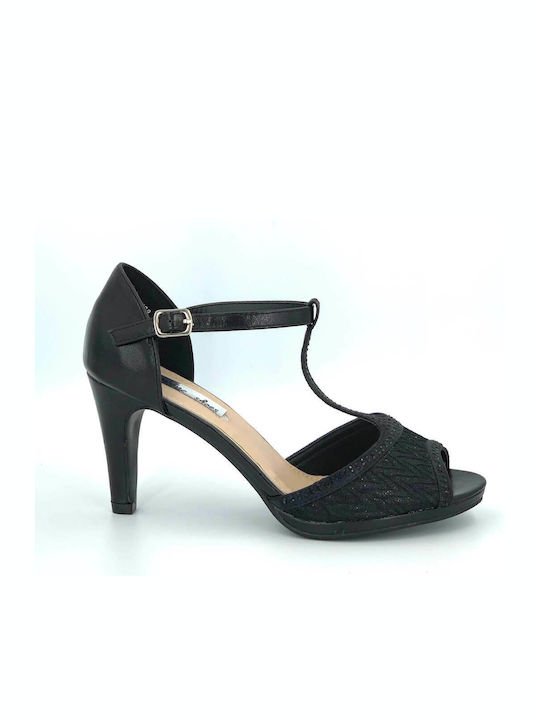 Karidis-Shoes Women's Sandals with Ankle Strap Black with Thin High Heel