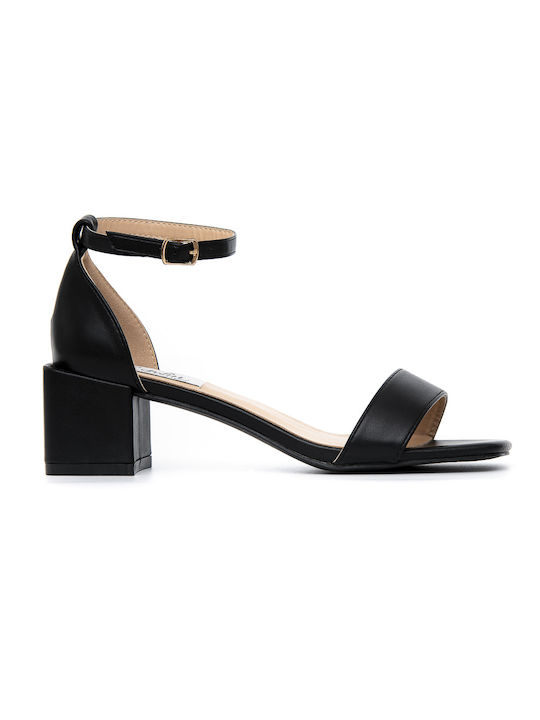 Politis shoes Anatomic Leather Women's Sandals with Ankle Strap Black with Chunky Medium Heel