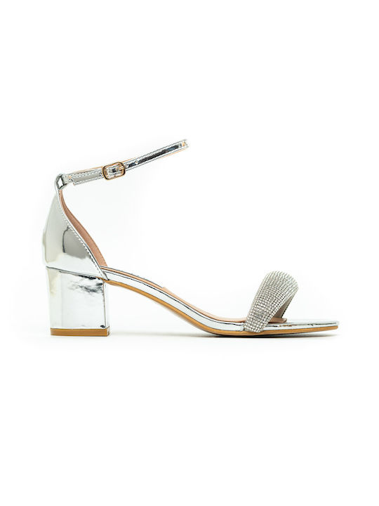 Politis shoes Anatomic Leather Women's Sandals with Strass & Ankle Strap Silver with Chunky Medium Heel