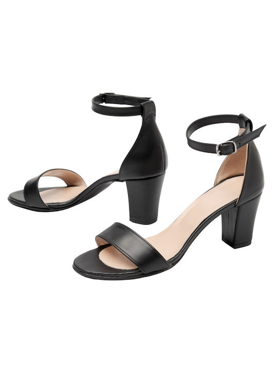 Philio Leather Women's Sandals Black with Chunky Medium Heel