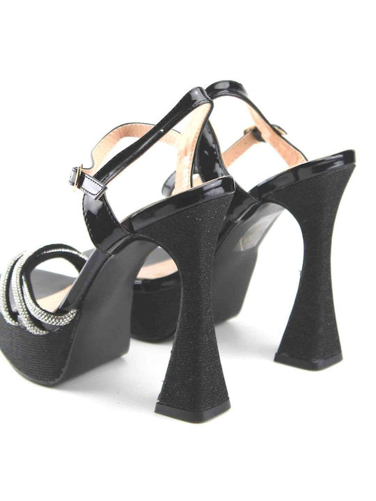 Plato Patent Leather Women's Sandals with Strass Black with Chunky High Heel