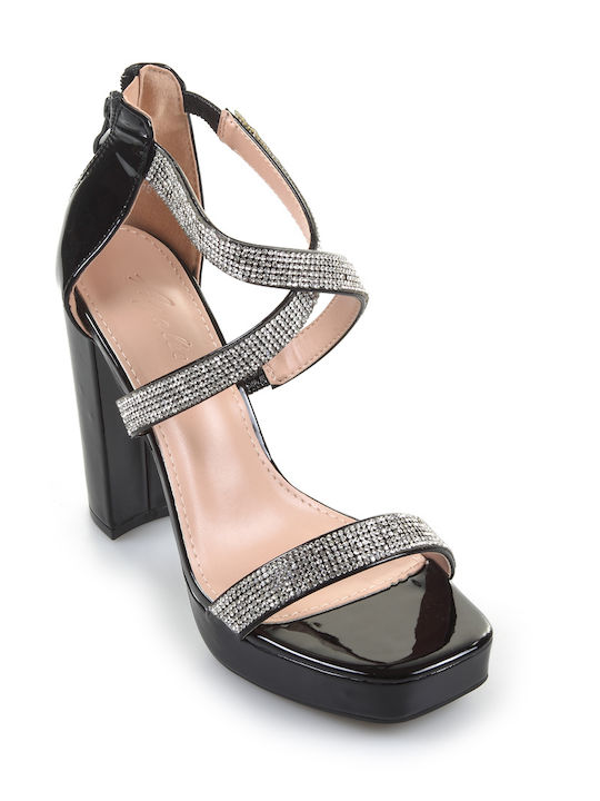 Fshoes Platform Patent Leather Women's Sandals with Strass Black with Chunky High Heel