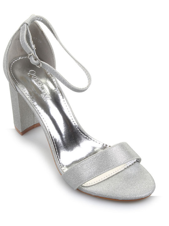 Fshoes Women's Sandals with Ankle Strap Silver with Chunky High Heel