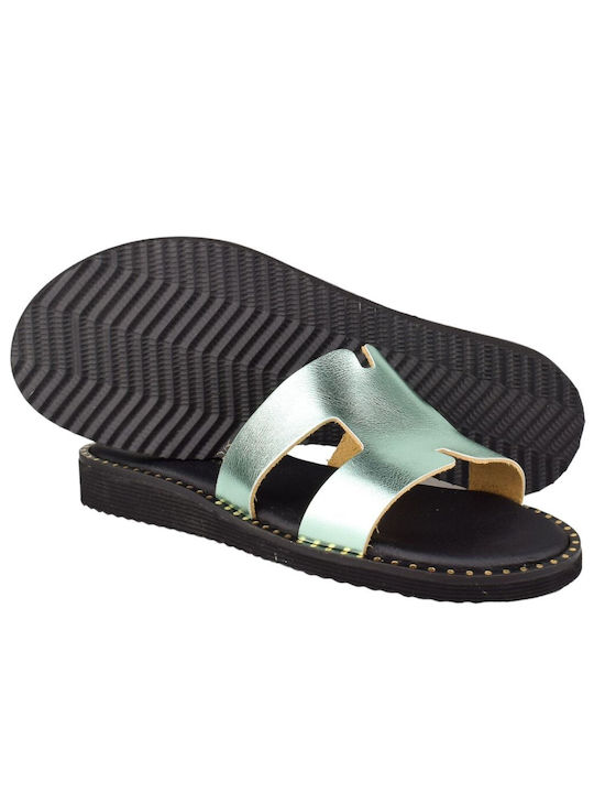 Yfantidis Leather Women's Flat Sandals in Green Color