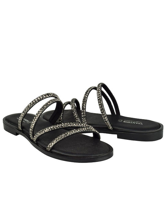 Yfantidis Leather Women's Sandals with Strass Black