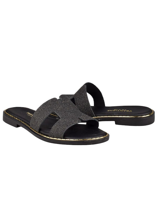 Yfantidis Leder Damen Flache Sandalen in Schwarz Farbe