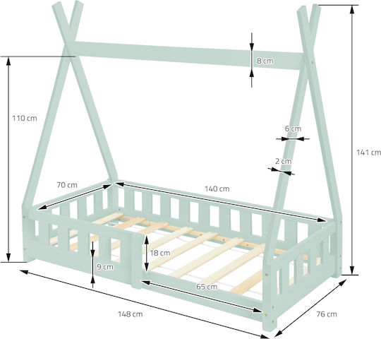 Kids Bed Single Green for Mattress 70x140cm