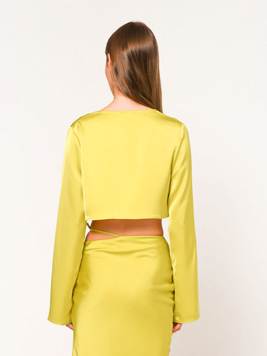 SunsetGo! Gwyneth Women's Summer Crop Top Satin Long Sleeve Yellow