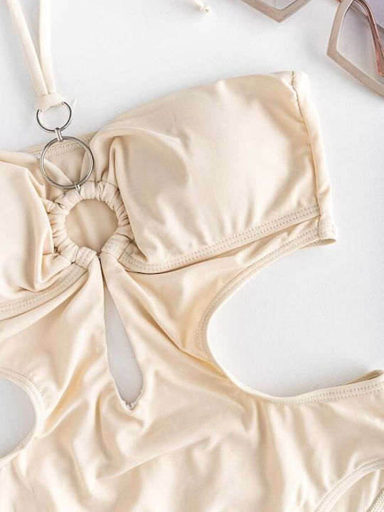 Swimsuit with Openings and Removable Padding Beige