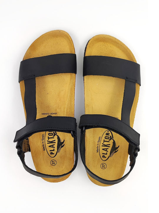 Leather Women's Flat Sandals with Strap in Black Color