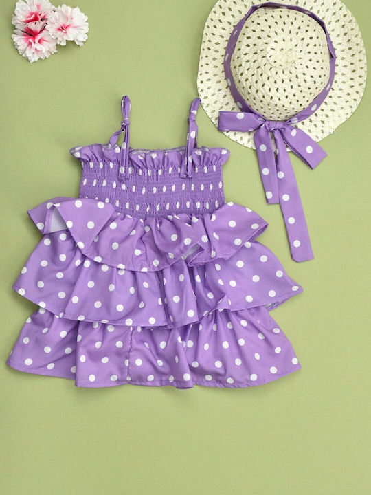 Children's Dress Sleeveless Polka Dot Set with Accessories Purple