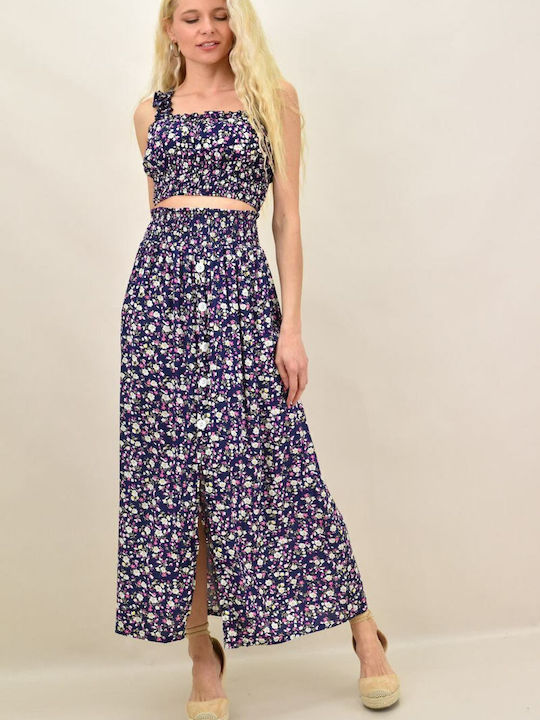 Σετ με Ψηλόμεση Midi Φούστα Floral Navy Μπλε