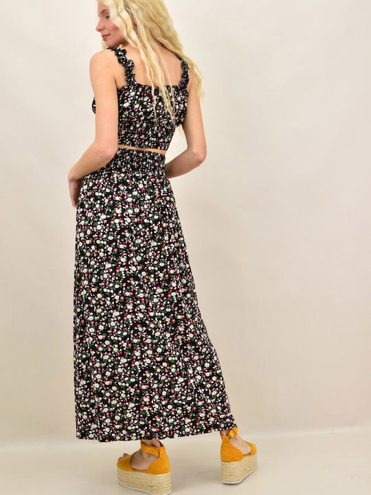 Set with High-waisted Midi Skirt Floral Black