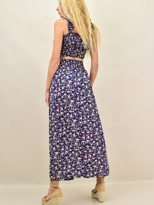 Σετ με Ψηλόμεση Midi Φούστα Floral Navy Μπλε