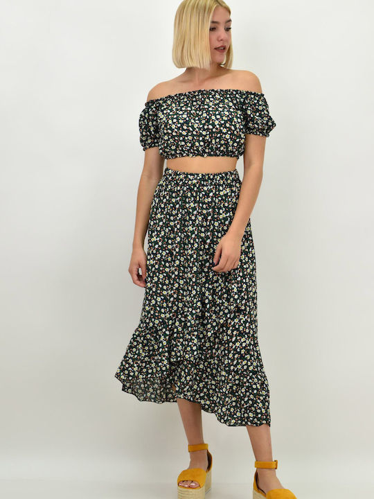 Σετ με Ψηλόμεση Maxi Φούστα Floral Navy Μπλε