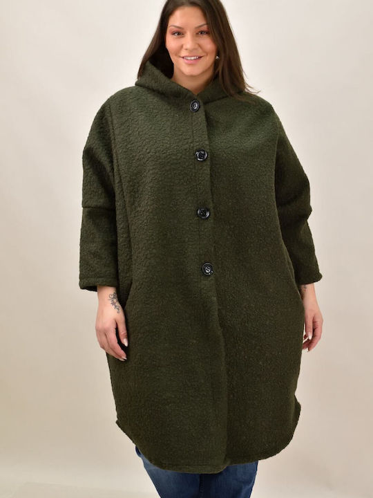 Μπουκλέ Γυναικείο Χακί Παλτό Oversized με κουκούλα