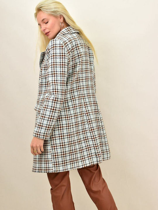 Potre Women's Checked Midi Coat with Buttons Brown