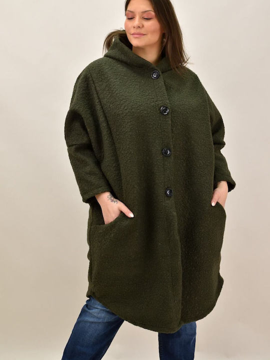 Μπουκλέ Γυναικείο Χακί Παλτό Oversized με κουκούλα