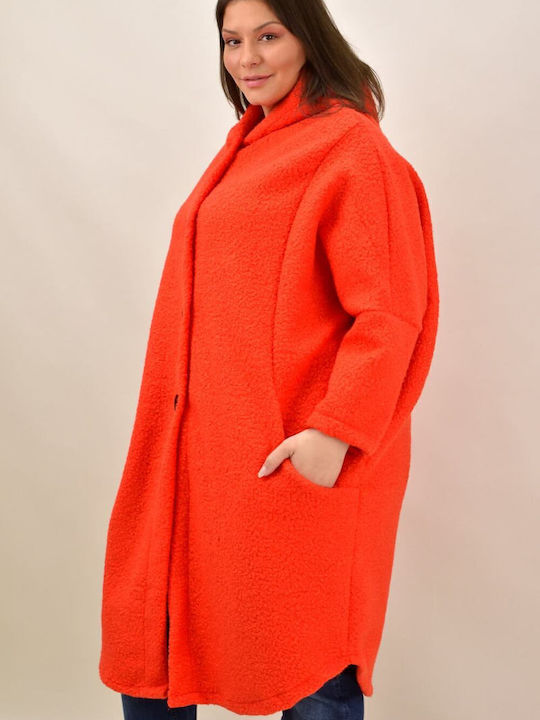 Μπουκλέ Γυναικείο Πορτοκαλί Παλτό Oversized με κουκούλα