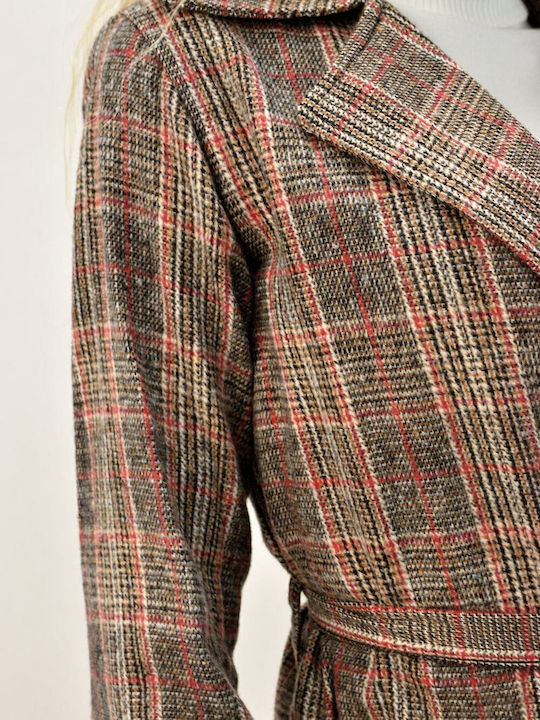Women's Checked Brown Coat with Buttons