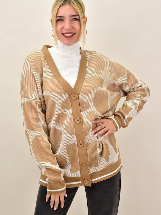 Long Women's Knitted Cardigan with Buttons Beige