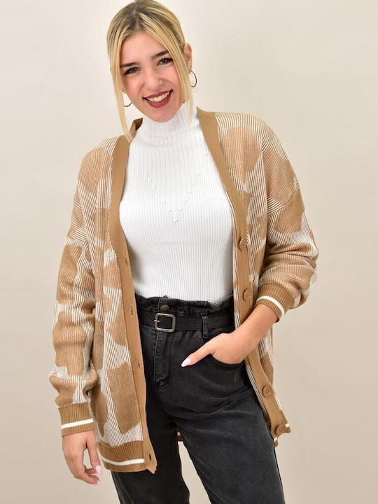 Long Women's Knitted Cardigan with Buttons Beige