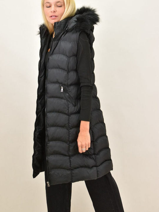 Potre Lang Damen Ärmellos Puffer Jacke mit pelziger Kapuze für Winter Schwarz