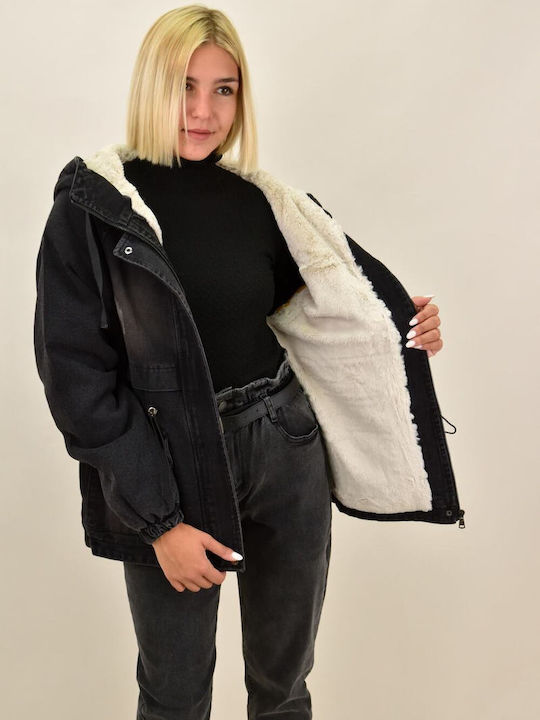 Potre Women's Short Parka Jacket for Winter with Hood Black