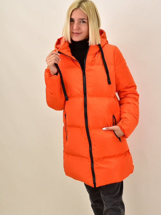 Potre Women's Long Puffer Jacket for Winter with Hood Orange