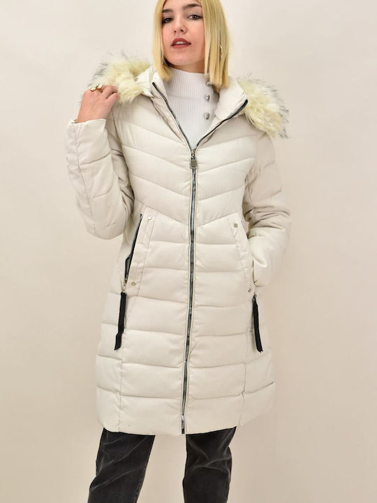 Potre Lang Damen Puffer Jacke mit pelziger Kapuze für Winter Beige