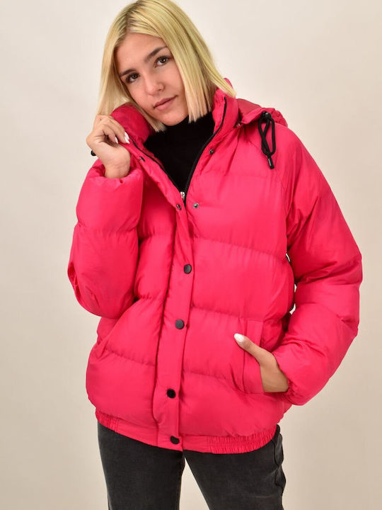 Women's Short Puffer Jacket for Winter with Hood Fuchsia