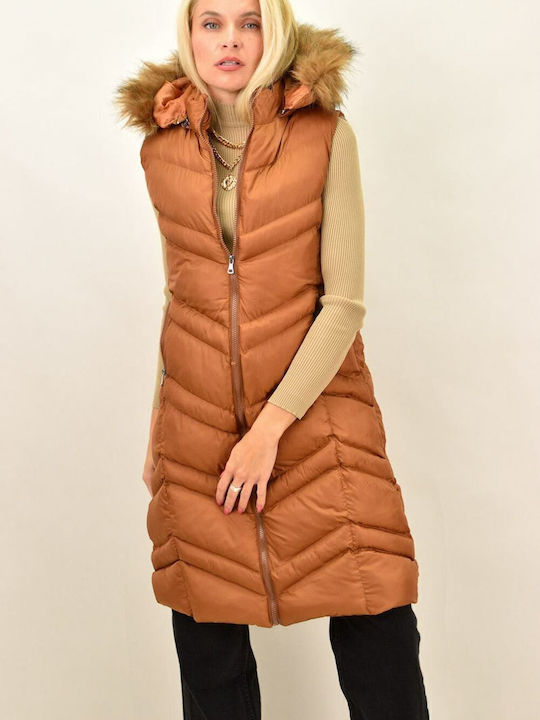 Lang Damen Ärmellos Puffer Jacke mit pelziger Kapuze für Winter Braun