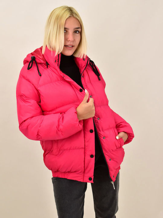 Women's Short Puffer Jacket for Winter with Hood Fuchsia