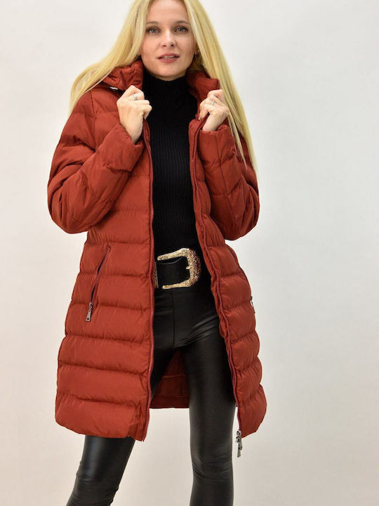 Women's Long Puffer Jacket for Winter with Detachable Hood Red