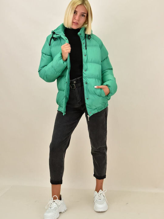 Women's Short Puffer Jacket for Winter with Hood Green