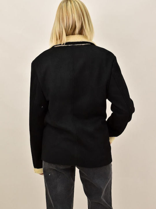 Women's Short Lifestyle Suede Jacket for Winter Black