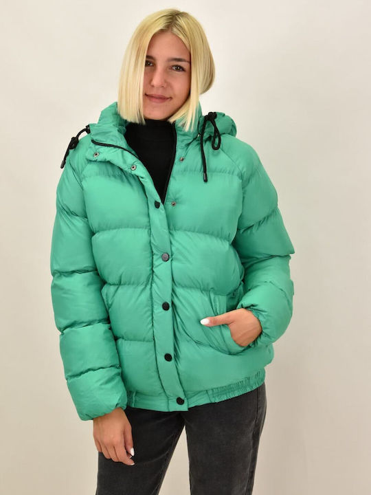 Women's Short Puffer Jacket for Winter with Hood Green