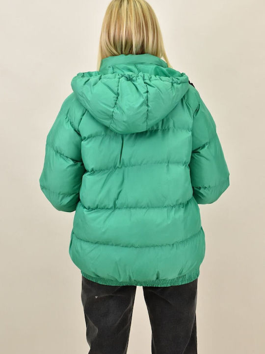 Women's Short Puffer Jacket for Winter with Hood Green