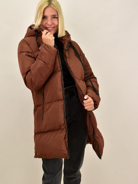 Potre Women's Long Puffer Jacket for Winter with Hood Brown