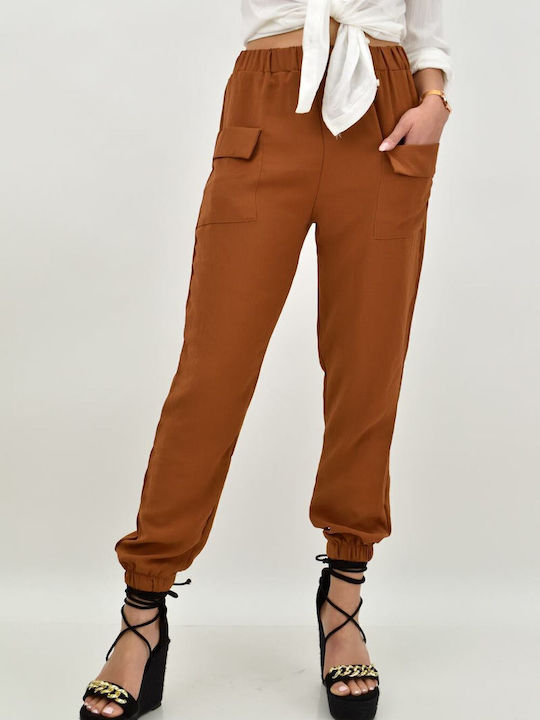 Potre Women's High-waisted Fabric Capri Trousers with Elastic in Loose Fit Brown