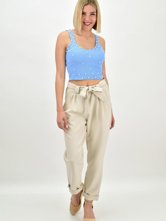 Damen Stoff Hose mit Gummizug in Weitem Schnitt Beige