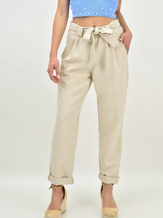Damen Stoff Hose mit Gummizug in Weitem Schnitt Beige