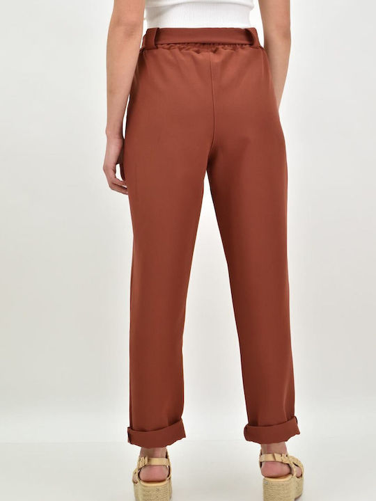 Damen Stoff Hose mit Gummizug in Weitem Schnitt Braun