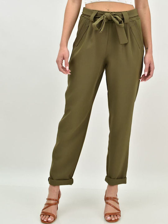 Damen Stoff Hose mit Gummizug in Weitem Schnitt Khaki