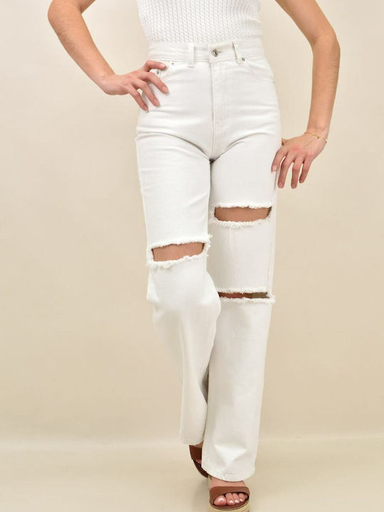 Potre High Waist Women's Jean Trousers with Rips White